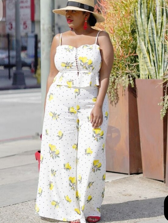 Forever 21 Pants - Forever 21 Plus Size 2x: Women’s White: Lemon & Polka Dot-Print Wide-Leg Flowy